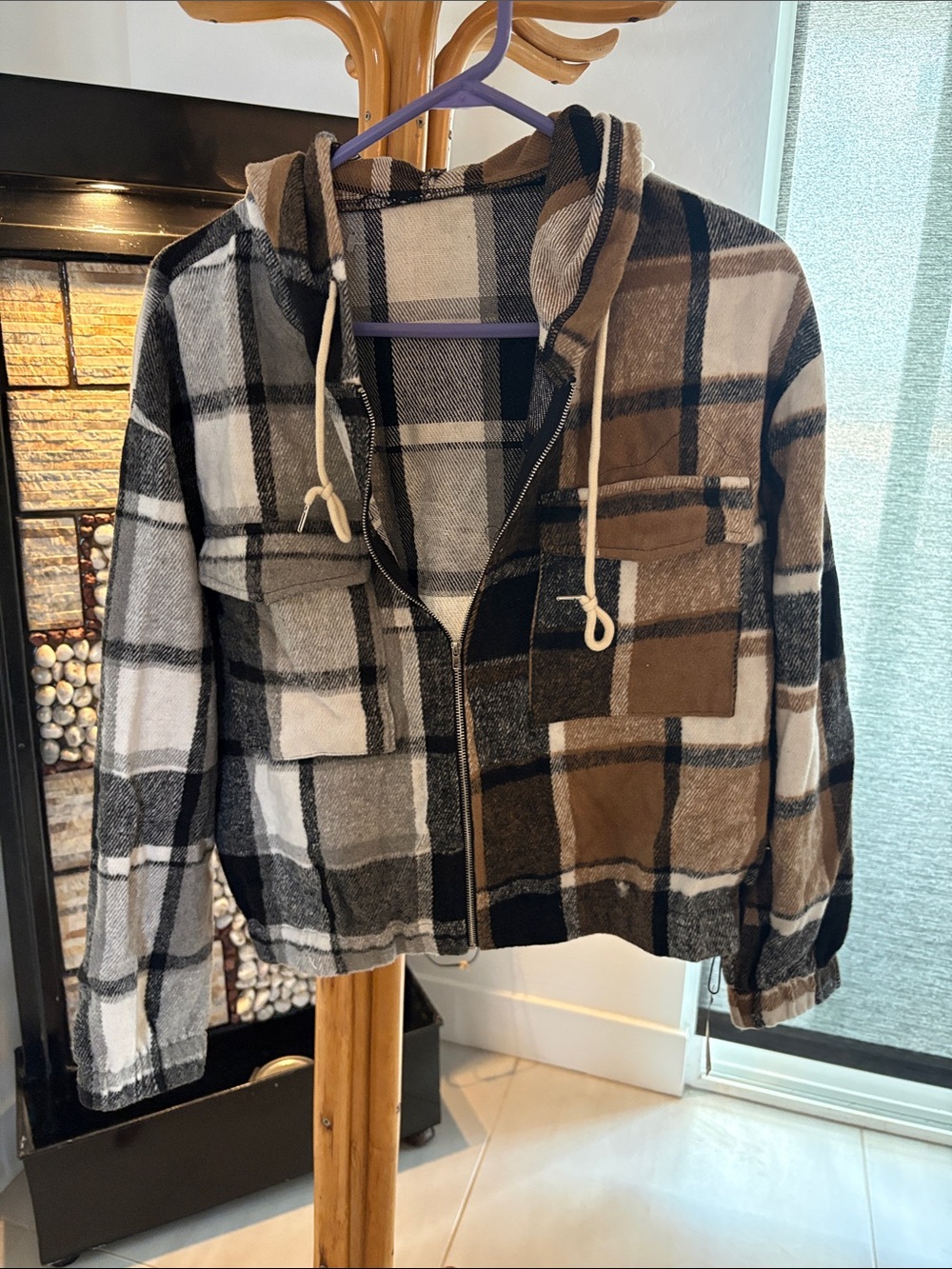 Zaful Black, White & Brown Plaid Hooded Zip Jacket